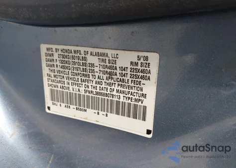 2008 Honda Odyssey Touring z USA, uszkodzony, nr VIN 5FNRL38868B078113